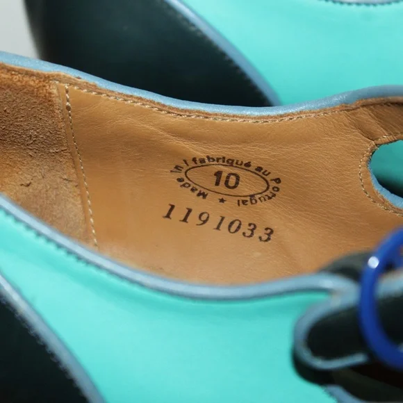 John Fluevog Teal & Navy Mary Jane Heels.  Sz. 10 - Picture 5 of 12